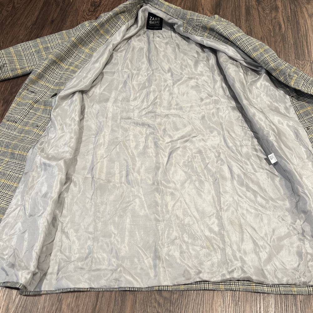 Zara Yellow grey check Checked Double Breasted Mid Length coat Size M - Picture 11 of 16